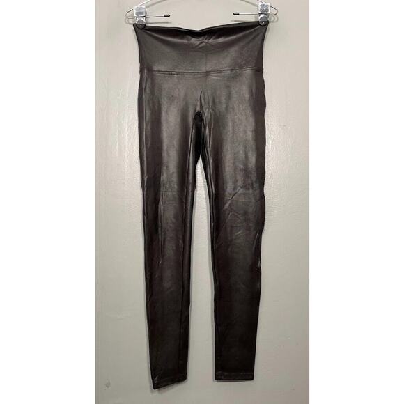 Spanx Size Large Black Faux Leather Leggings Slimming Shaping Ankle Cyber Goth - Picture 1 of 12